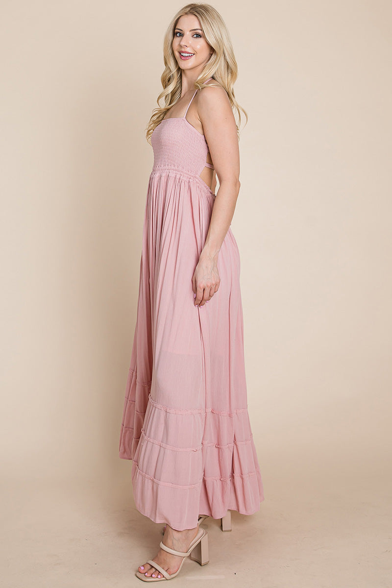 Smocked Flowy Boho Pleated Backless Maxi Dress – Effortless Elegance with a Free Spirit