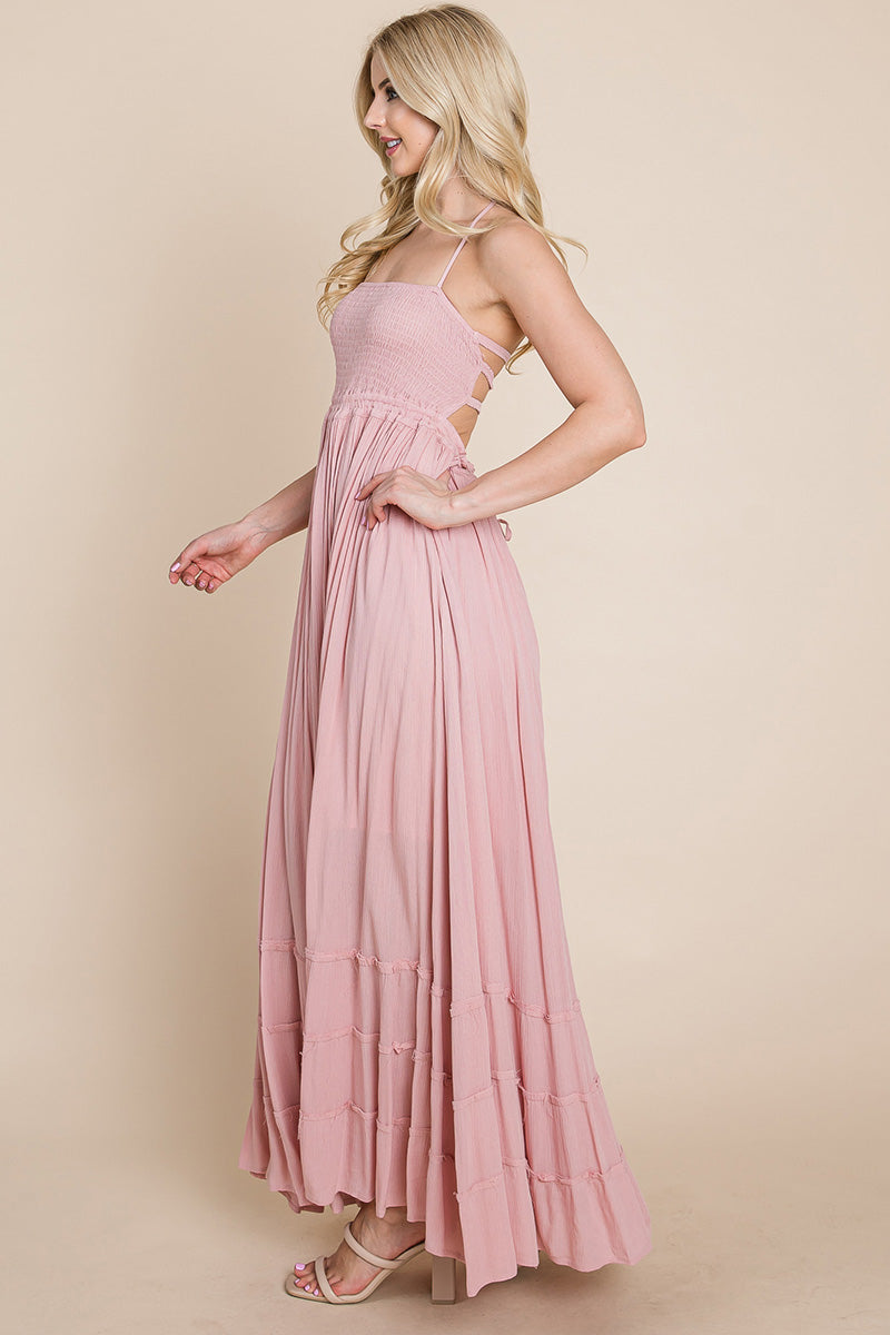 Smocked Flowy Boho Pleated Backless Maxi Dress – Effortless Elegance with a Free Spirit
