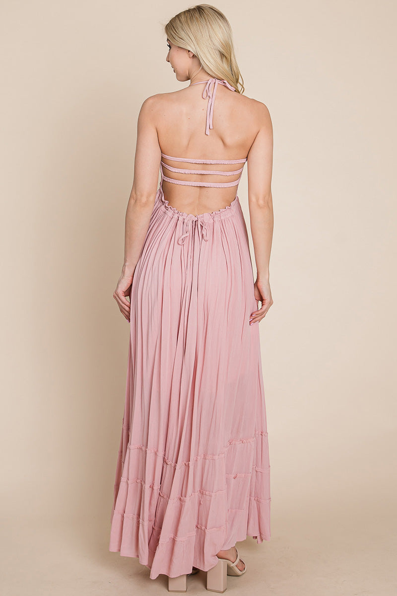 Smocked Flowy Boho Pleated Backless Maxi Dress – Effortless Elegance with a Free Spirit