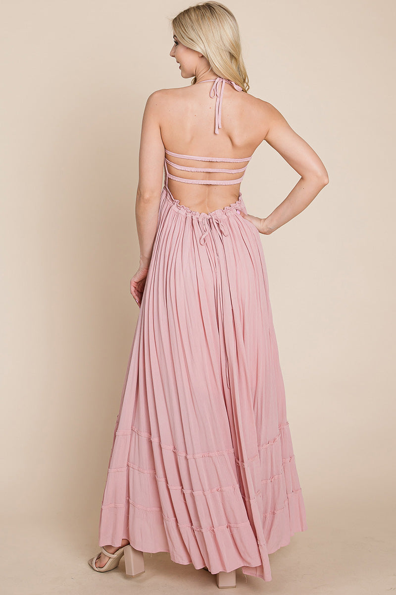 Smocked Flowy Boho Pleated Backless Maxi Dress – Effortless Elegance with a Free Spirit