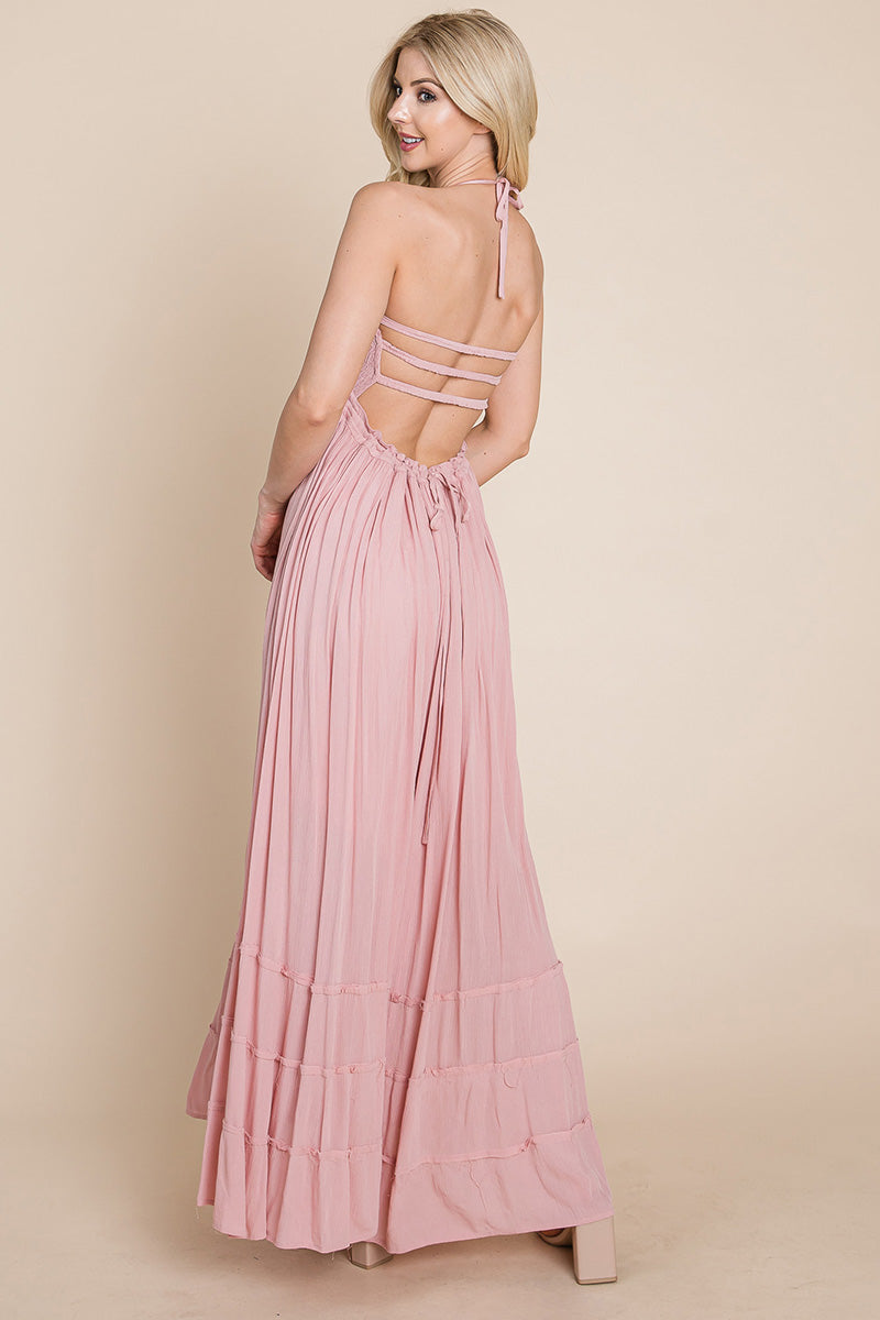 Smocked Flowy Boho Pleated Backless Maxi Dress – Effortless Elegance with a Free Spirit