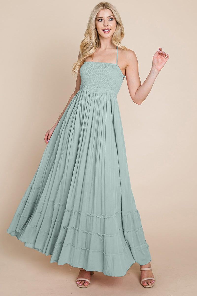 Smocked Flowy Boho Pleated Backless Maxi Dress – Effortless Elegance with a Free Spirit