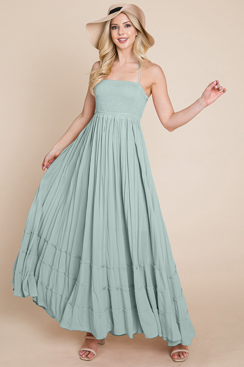 Smocked Flowy Boho Pleated Backless Maxi Dress – Effortless Elegance with a Free Spirit