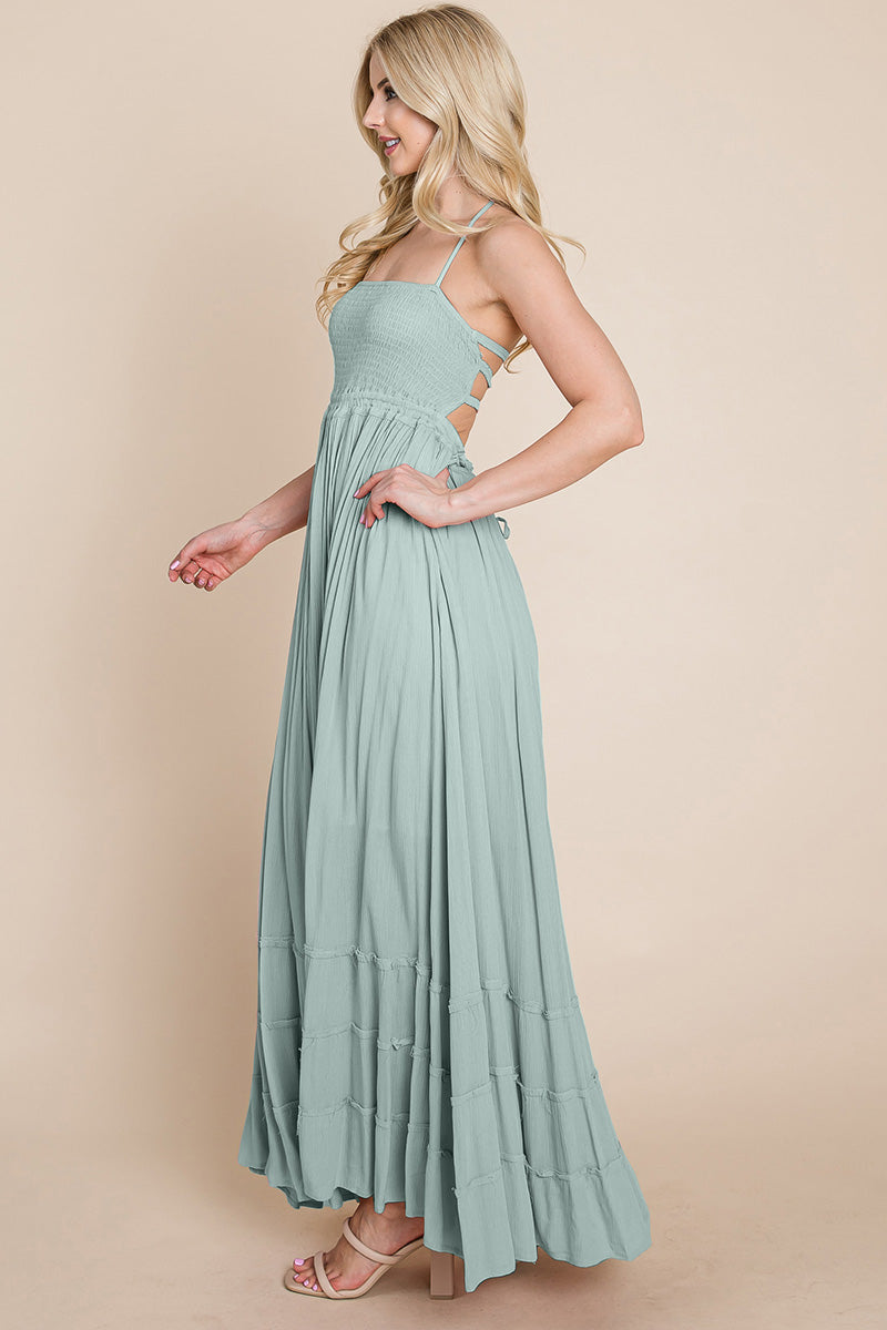 Smocked Flowy Boho Pleated Backless Maxi Dress – Effortless Elegance with a Free Spirit