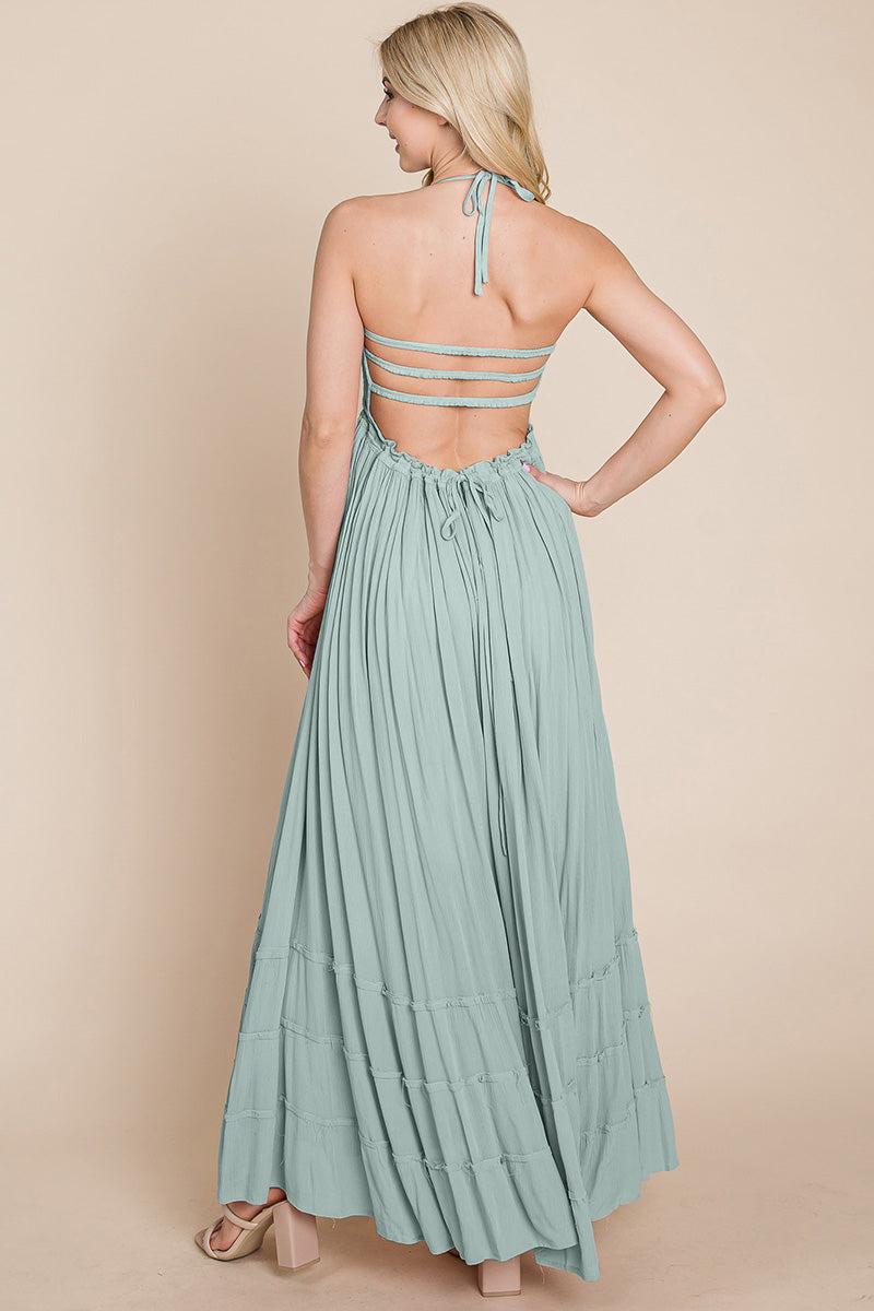Smocked Flowy Boho Pleated Backless Maxi Dress – Effortless Elegance with a Free Spirit