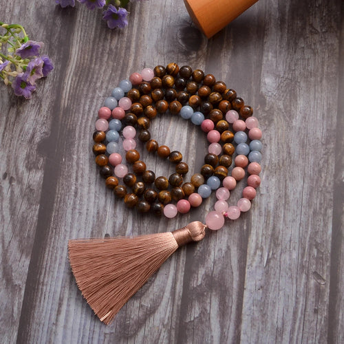 108 Mala Necklace | Tiger's Eye, Rose Quartz, and Aquamarine Beads