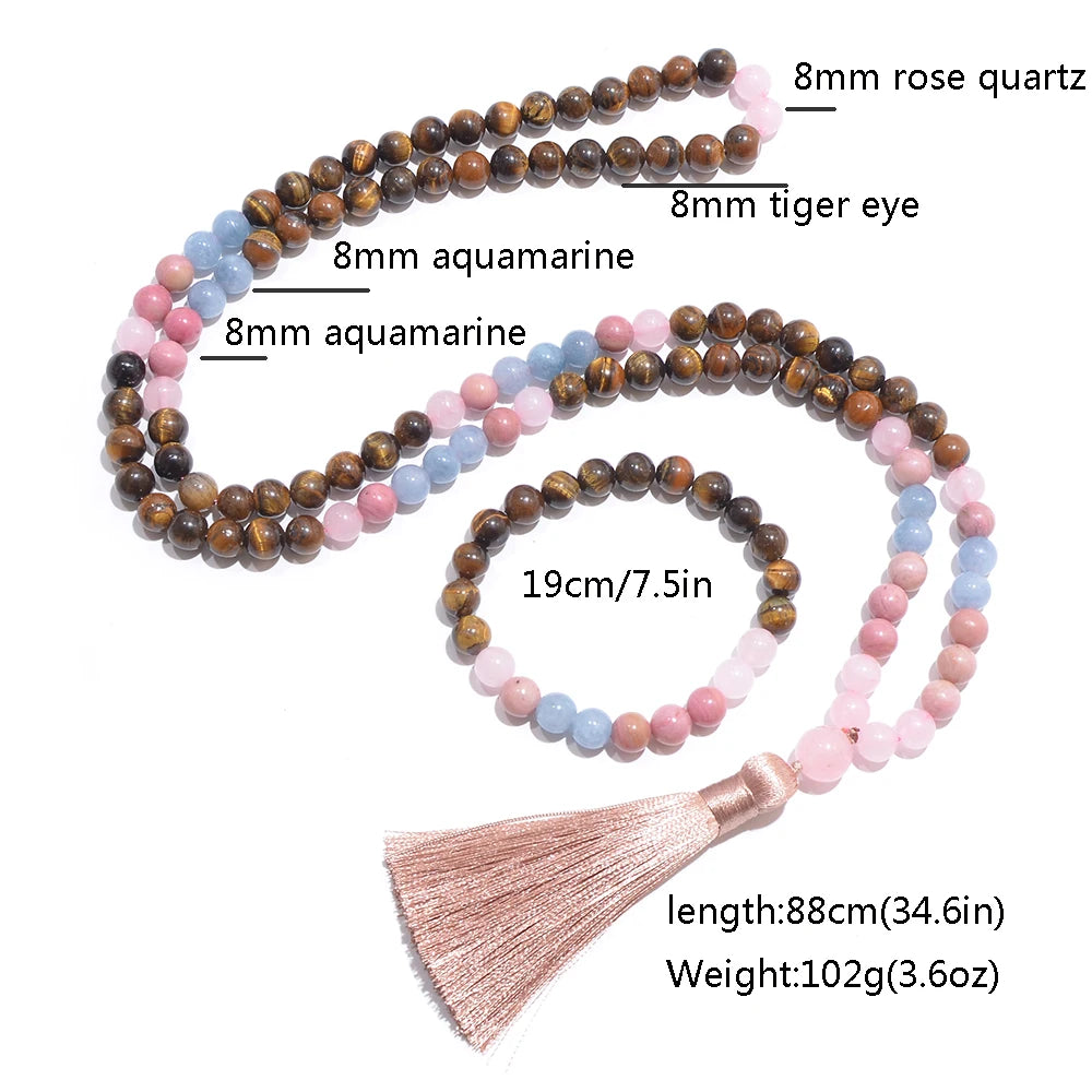 108 Mala Necklace | Tiger's Eye, Rose Quartz, and Aquamarine Beads
