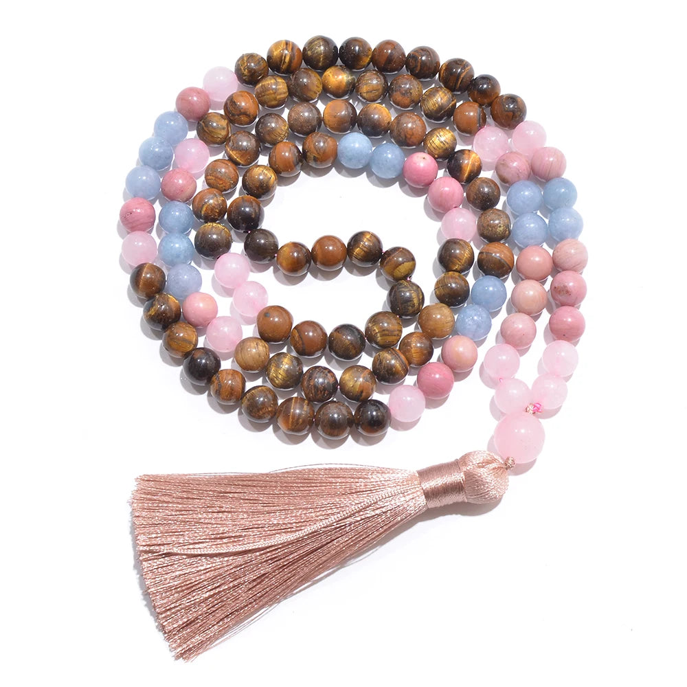 108 Mala Necklace | Tiger's Eye, Rose Quartz, and Aquamarine Beads