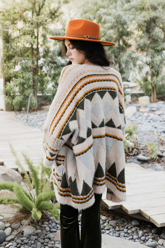 Faux Hair Aztec Pocket Ruana – Boho Winterwear with Cultural Flair
