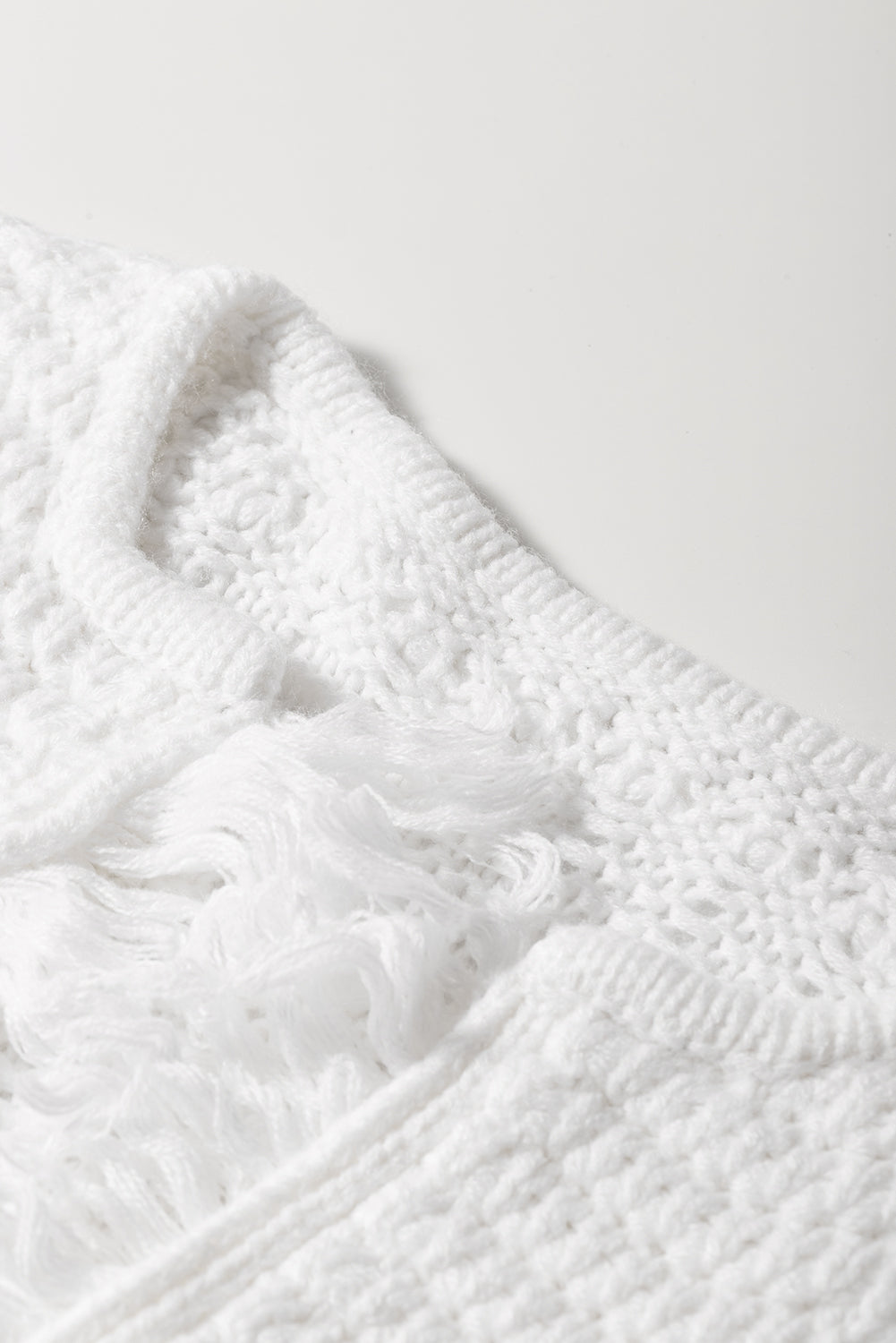 White Fringed Open Front Pocketed Long Cardigan – Effortless Boho Elegance