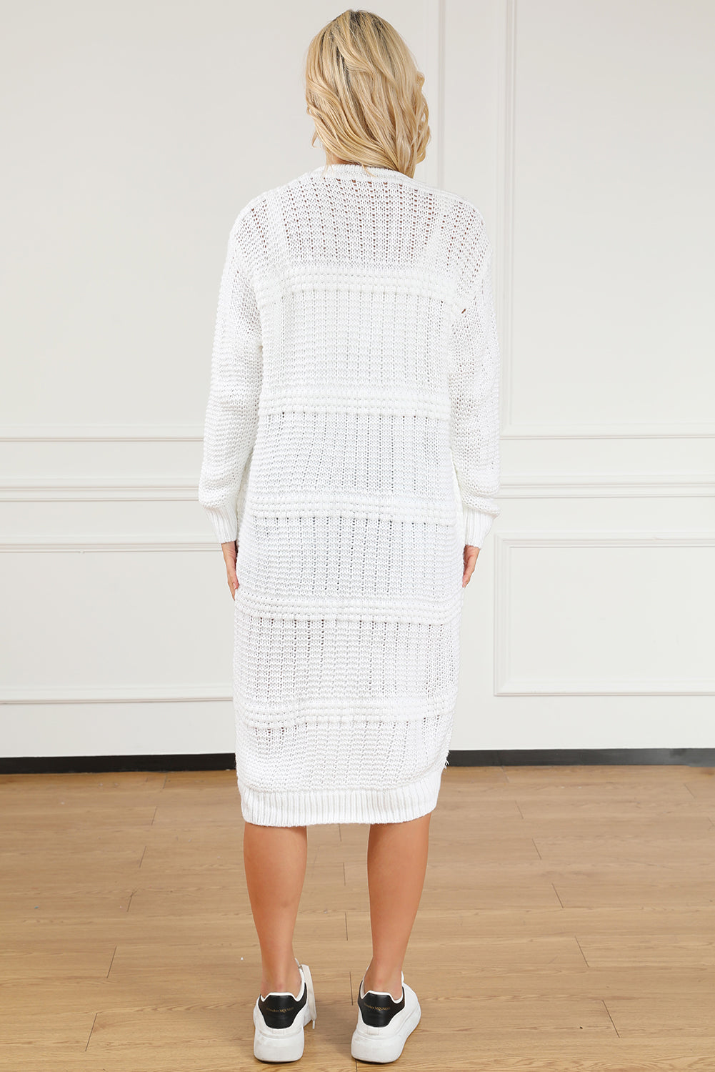 White Fringed Open Front Pocketed Long Cardigan – Effortless Boho Elegance