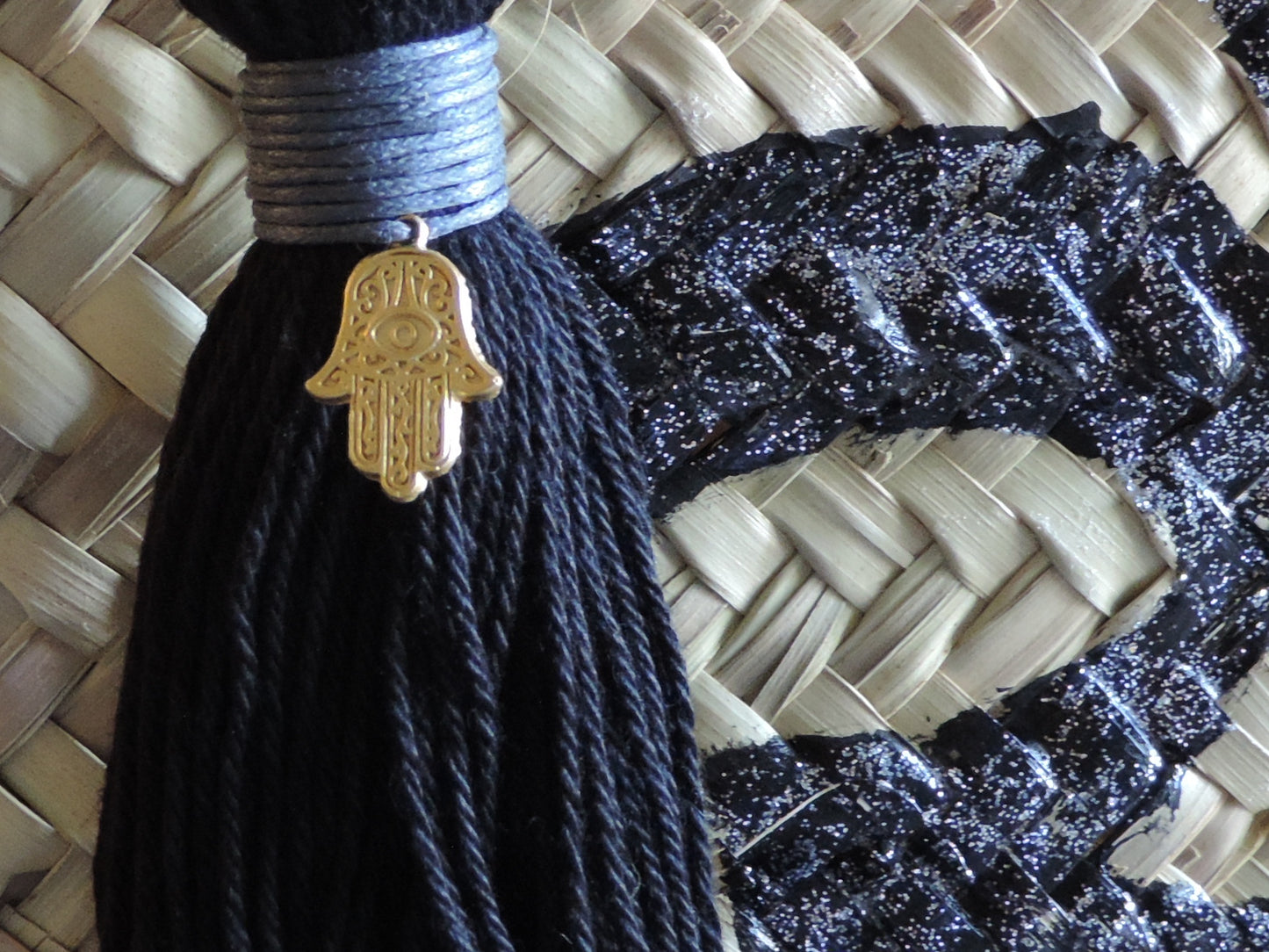 Hand-Painted Om Symbol Straw Bag with Hamsa Charm