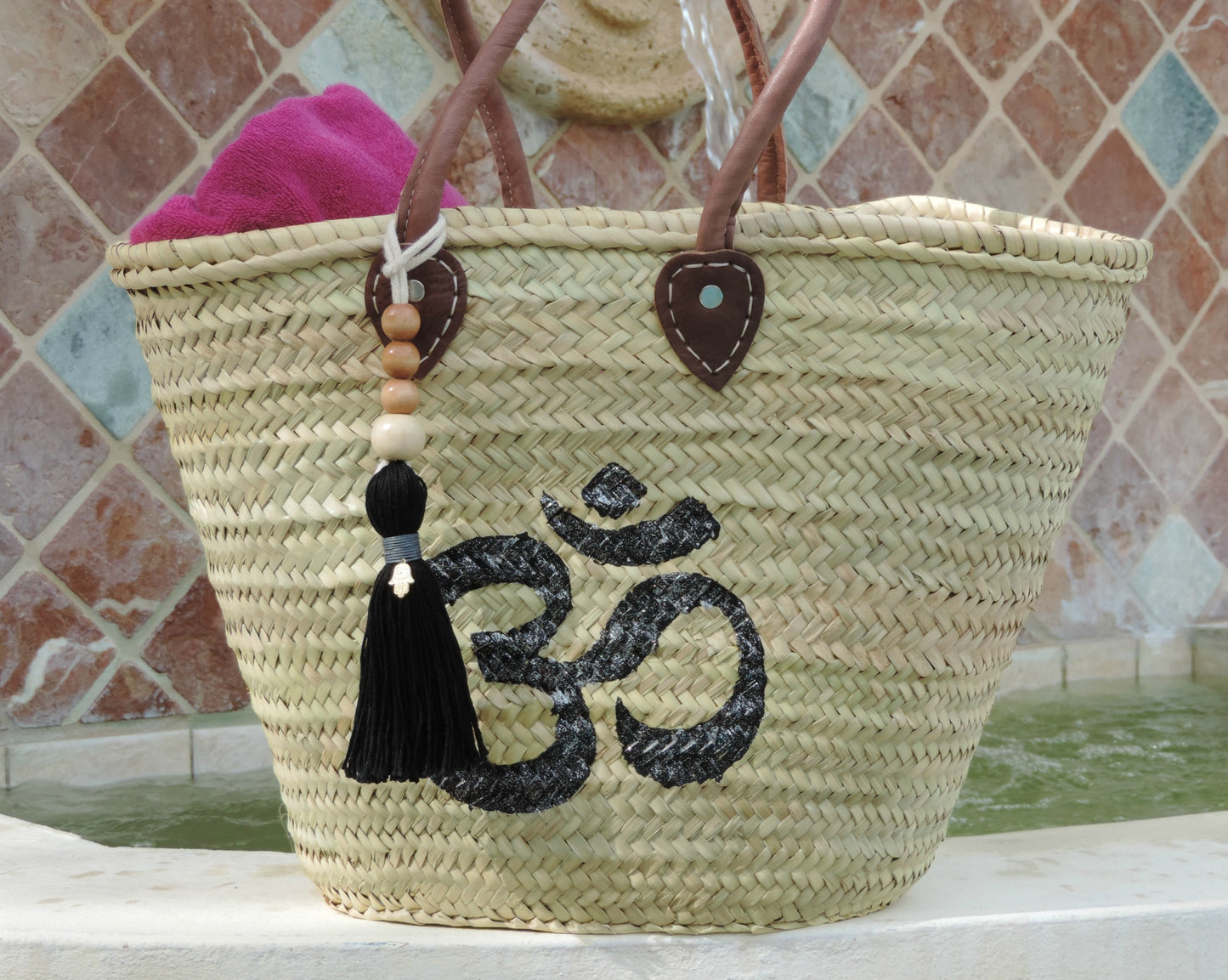 Hand-Painted Om Symbol Straw Bag with Hamsa Charm