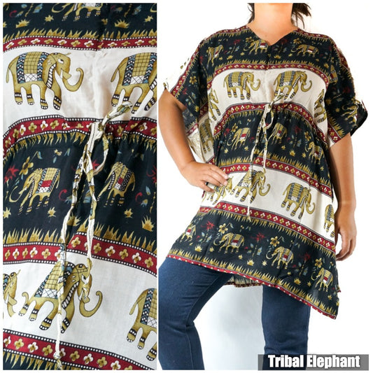 Boho Elephant Kaftan Shirt Short Dress – Vibrant Tribal Print & Effortless Style