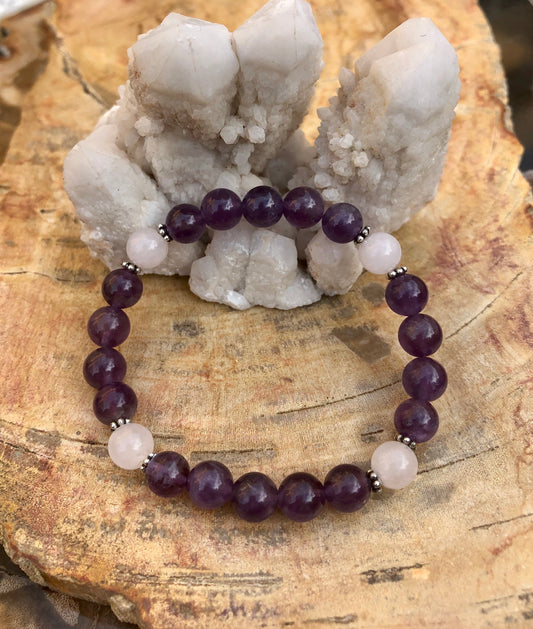 Amethyst & Rose Quartz Stretch Bracelet – Natural Crystal Healing Energy