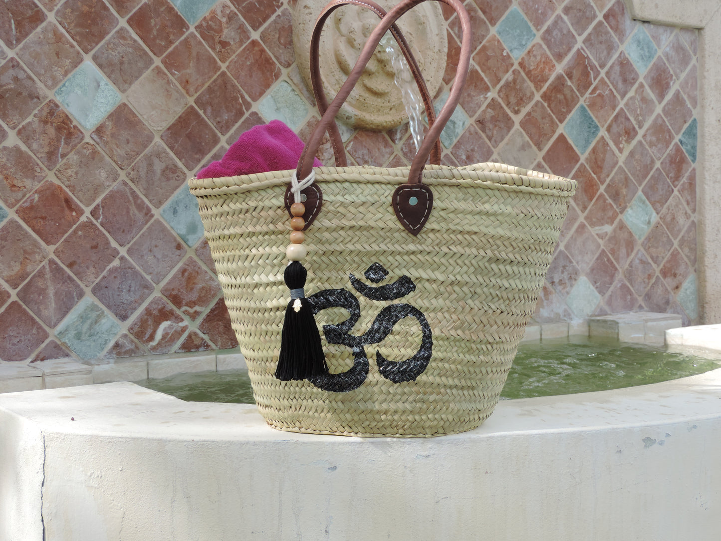 Hand-Painted Om Symbol Straw Bag with Hamsa Charm