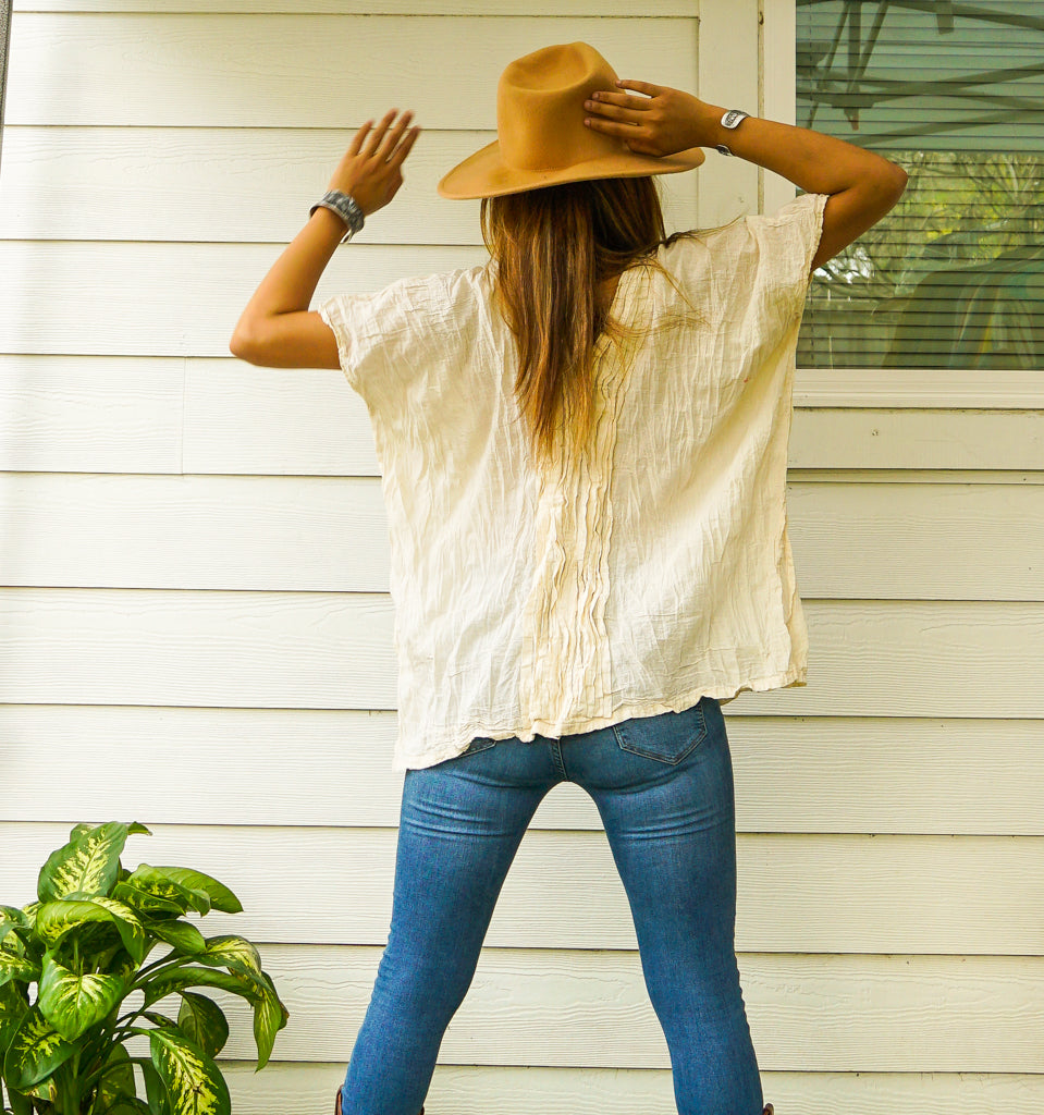 Raw Crinkled Cotton Gauze Boho Blouse
