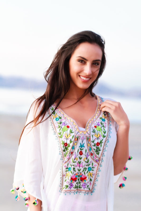 Boho Maxi Dress – Flowy Beach Caftan with Intricate Folk Embroidery