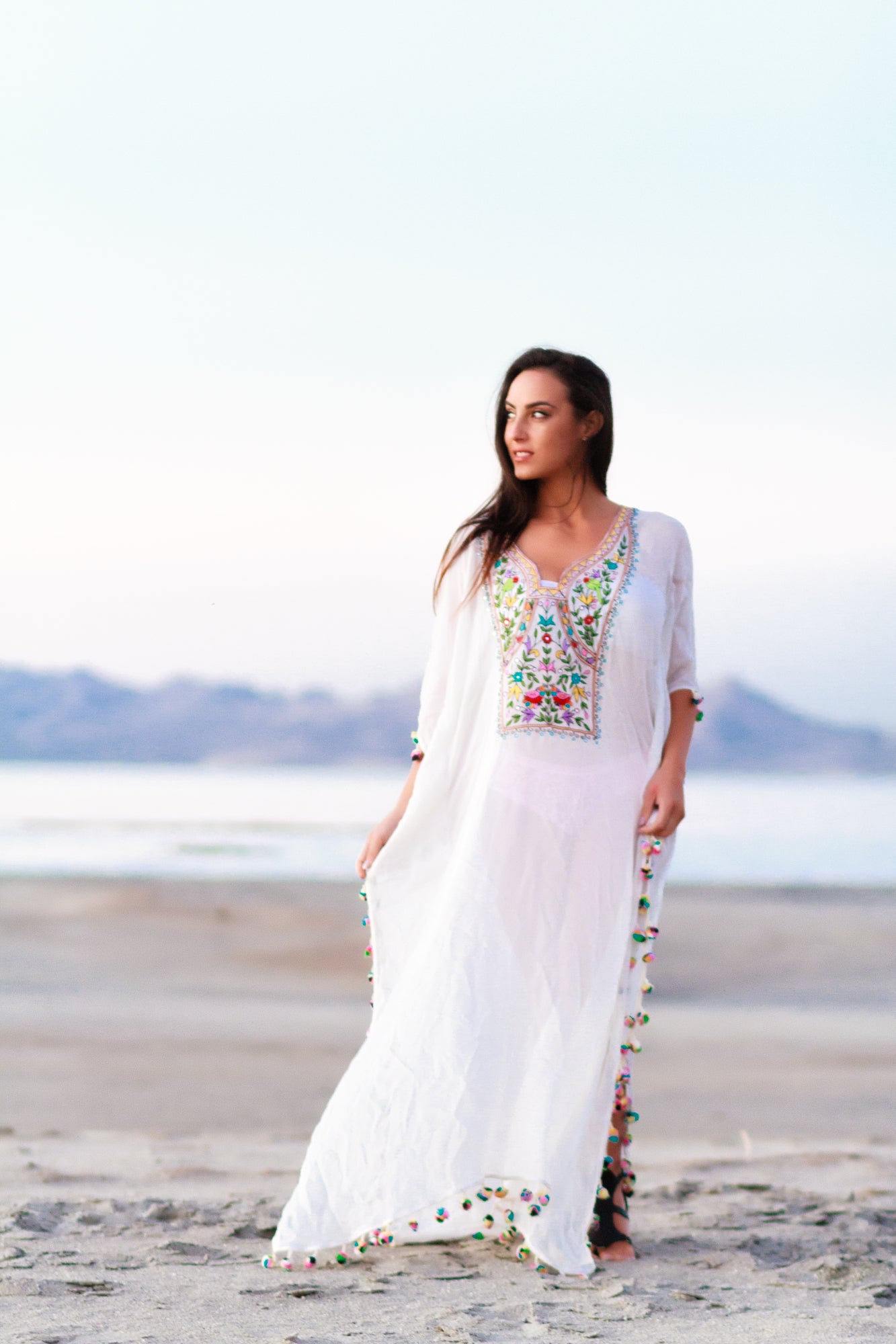 Boho Maxi Dress – Flowy Beach Caftan with Intricate Folk Embroidery