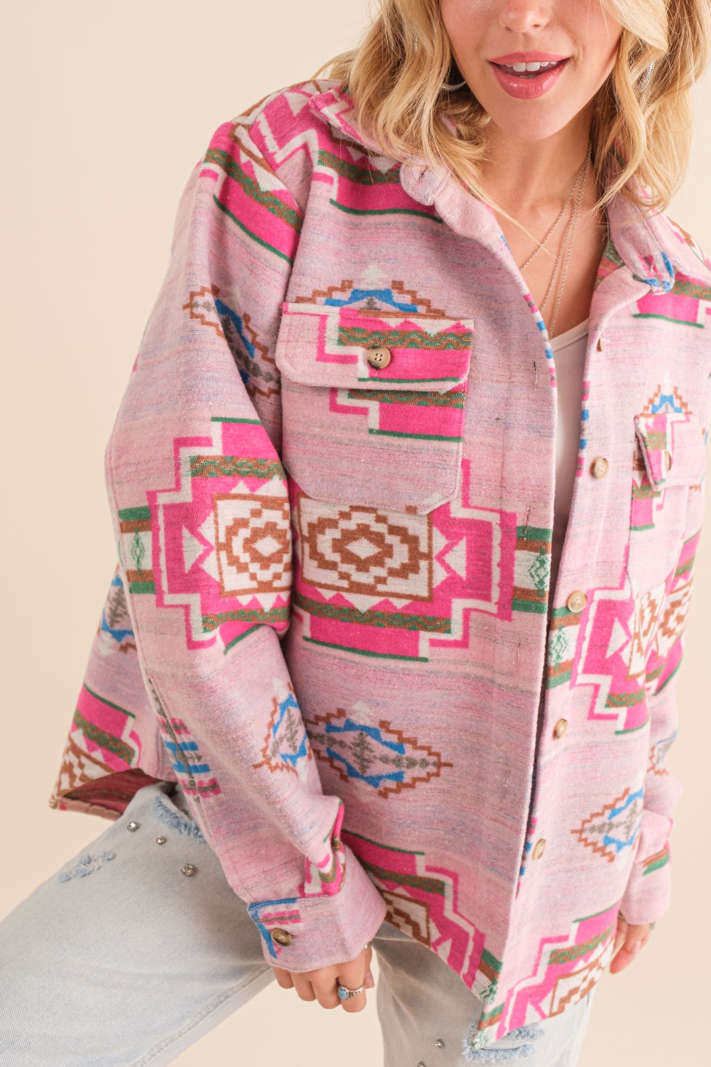 Pink Jacquard Aztec Bohemian Jacket – Vibrant Boho-Chic Style