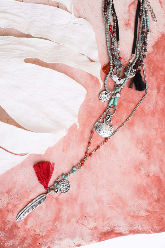 Feather Fringe Multi-Layered Boho Necklace