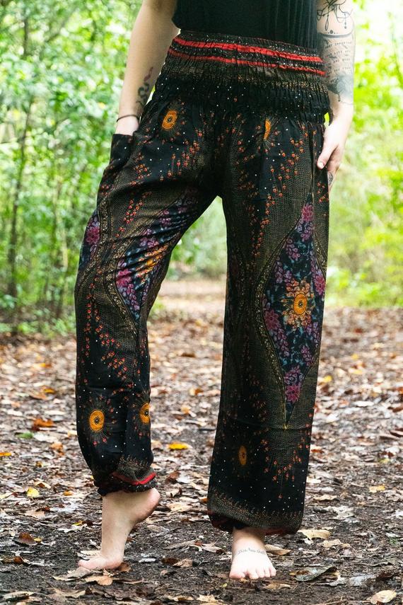 Black Peacock Harem Boho Pants