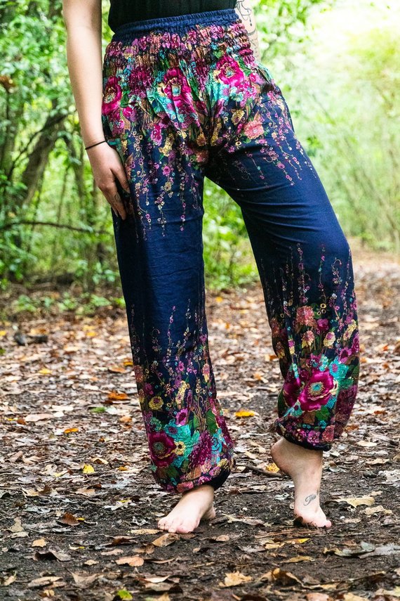 Blue Floral Harem Pants – Boho Loose & Breathable Rayon Pants