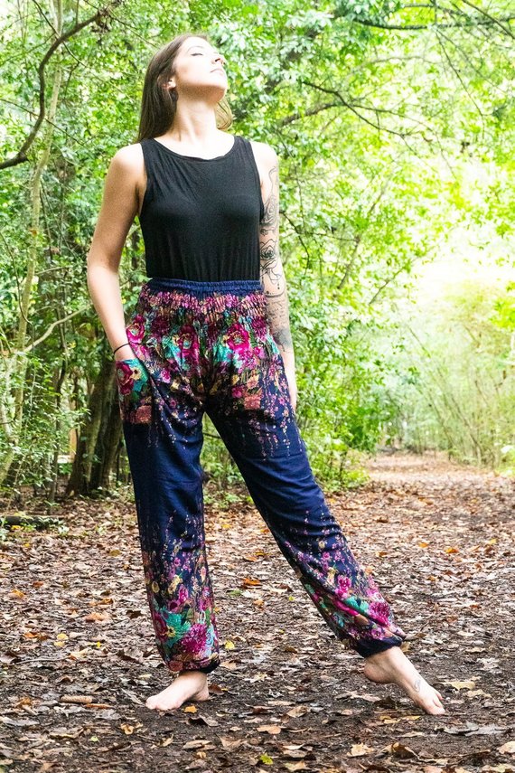 Blue Floral Harem Pants – Boho Loose & Breathable Rayon Pants