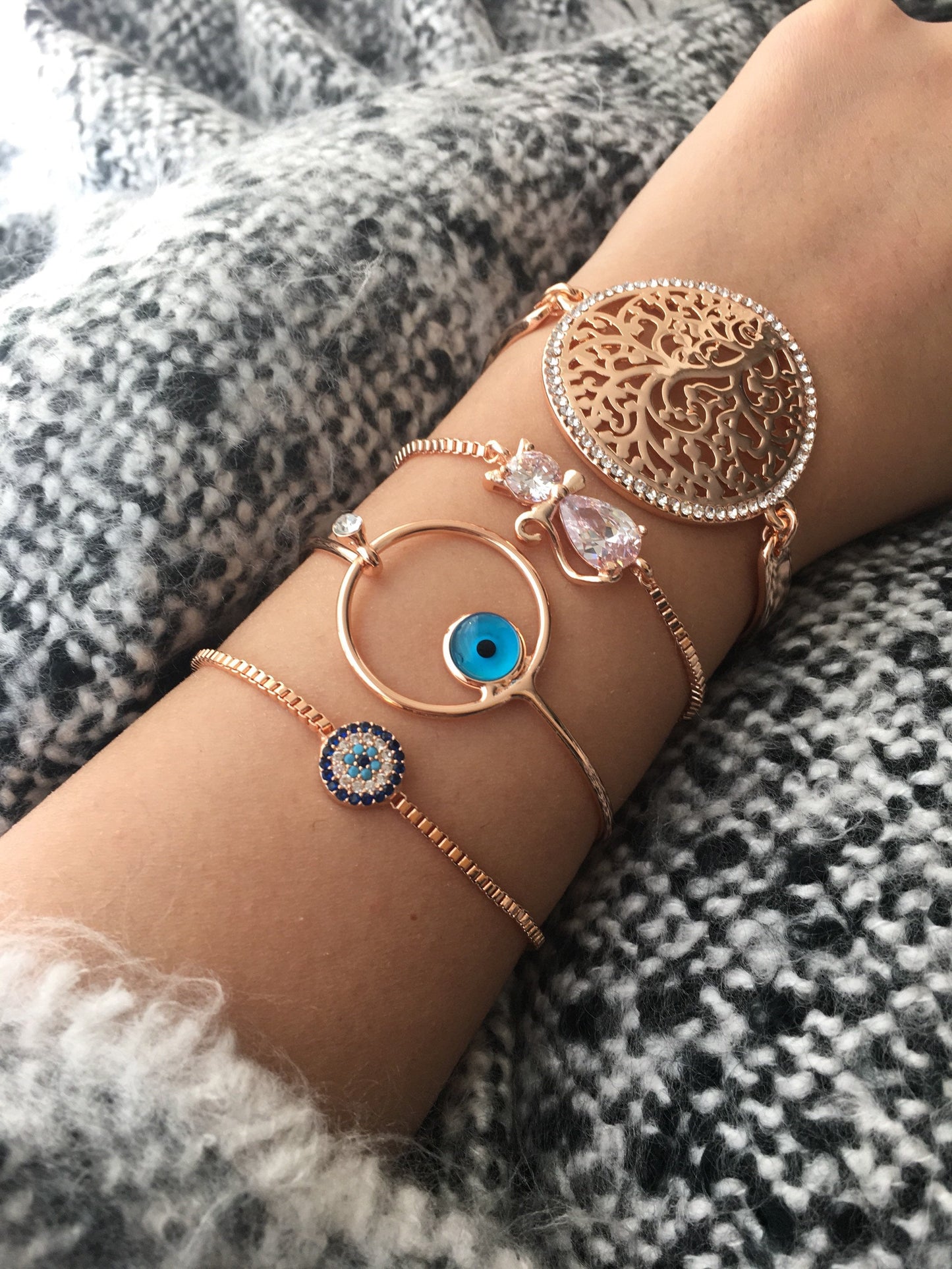 Rose Gold Evil Eye and Tree of Life Bracelets