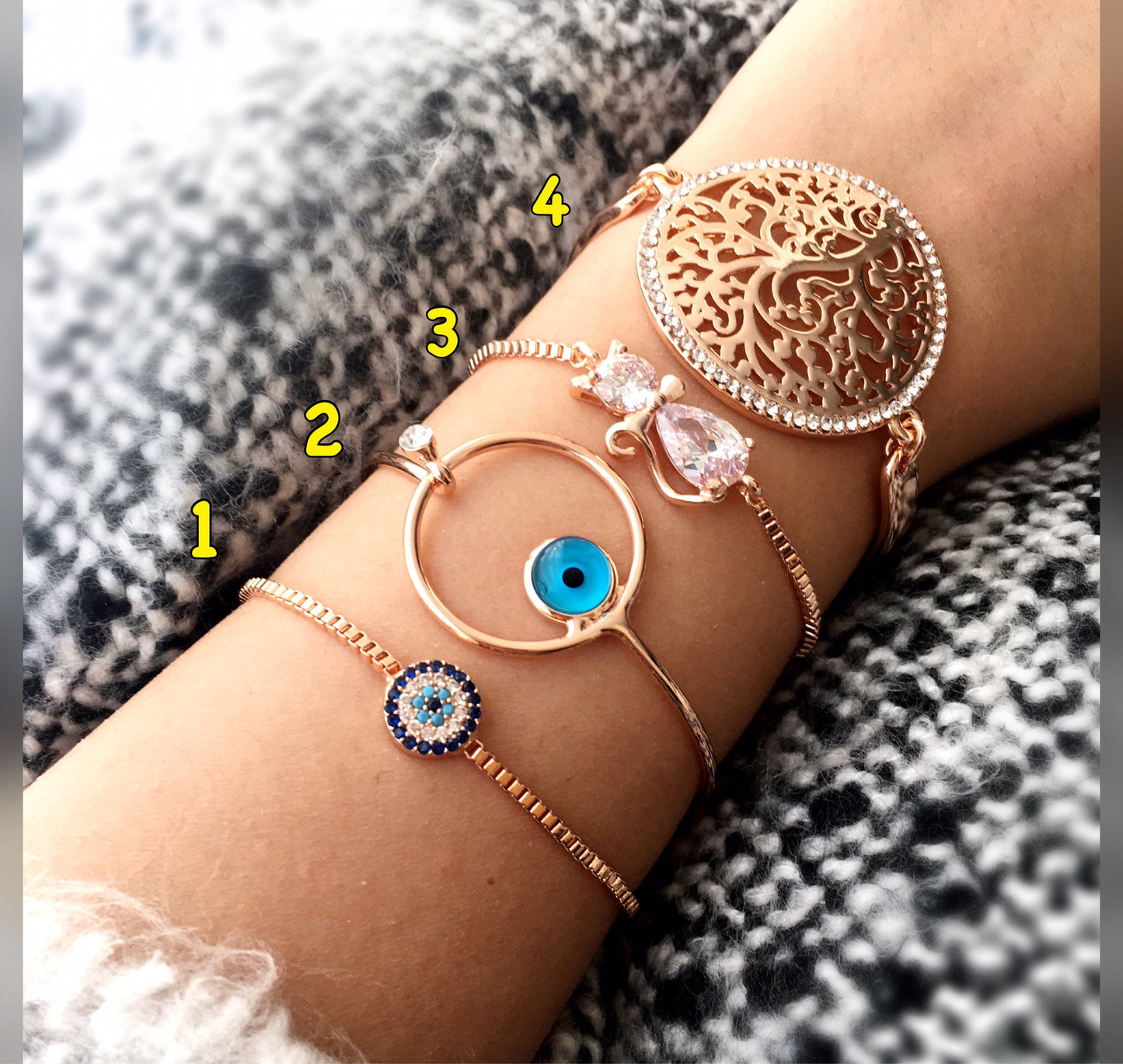 Rose Gold Evil Eye and Tree of Life Bracelets
