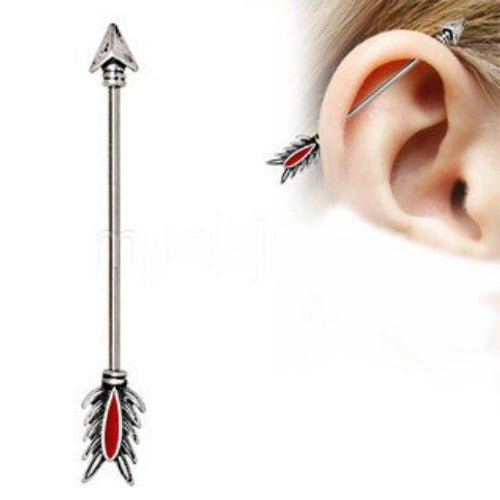 Antique Tribal Arrow Industrial Barbell with Red Feather