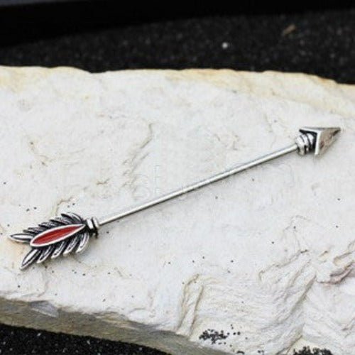 Antique Tribal Arrow Industrial Barbell with Red Feather