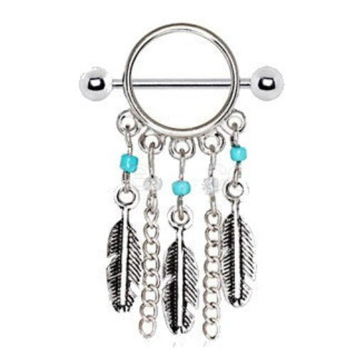 316L Surgical Steel Turquoise Beads & Feather Nipple Ring