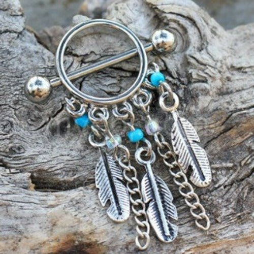 316L Surgical Steel Turquoise Beads & Feather Nipple Ring