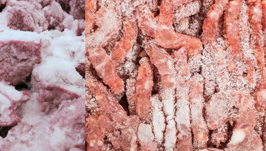 What do ice crystals on meat signify?