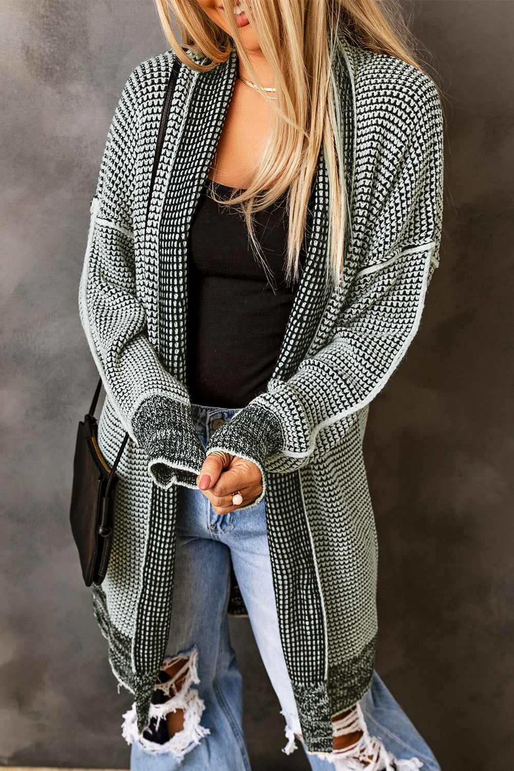 Gray Plaid Knitted Boho Cardigan