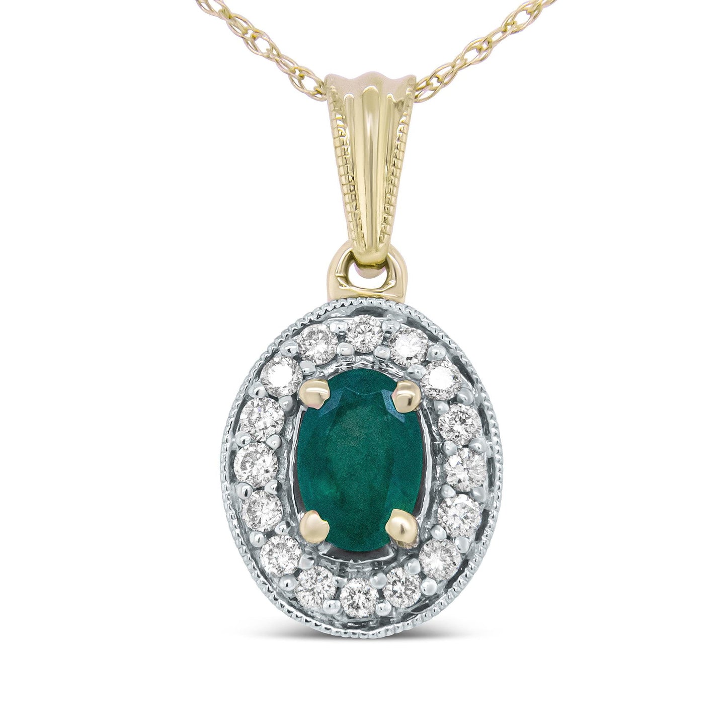 14K Yellow Gold Emerald and Diamond Halo Pendant