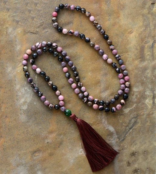 108 Beads Rhodonite Mala Tassel Necklace – Bohemian Healing Jewelry