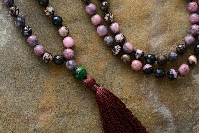 108 Beads Rhodonite Mala Tassel Necklace – Bohemian Healing Jewelry