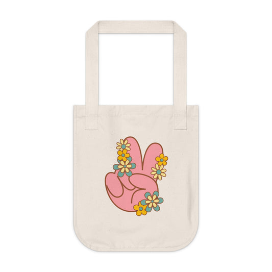 Peace Hand Sign with Flowers Organic Canvas Tote Bag