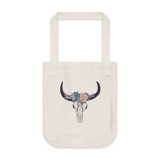 Buffalo Skull with Flowers Organic Canvas Tote Bag