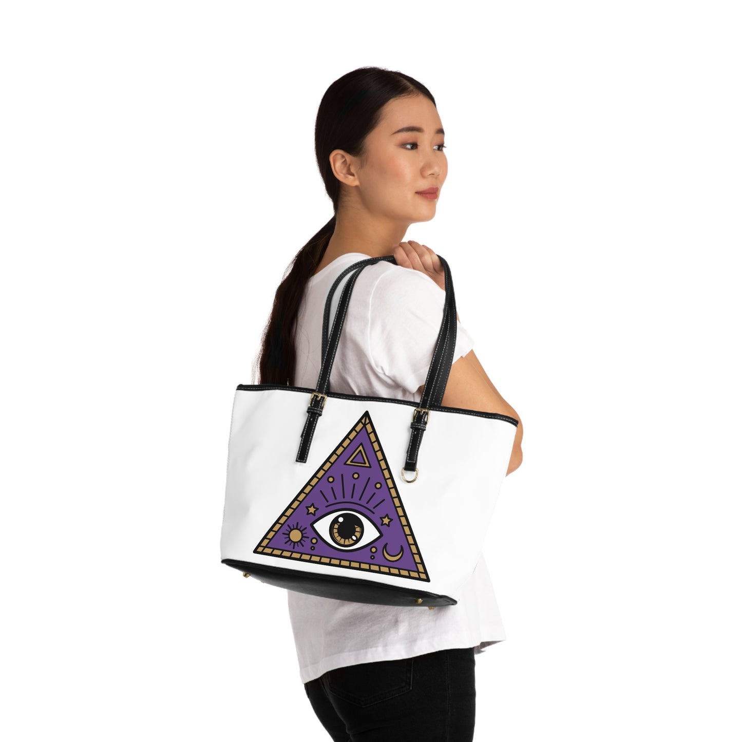 White Evil Eye and Pyramid Leather Shoulder Bag