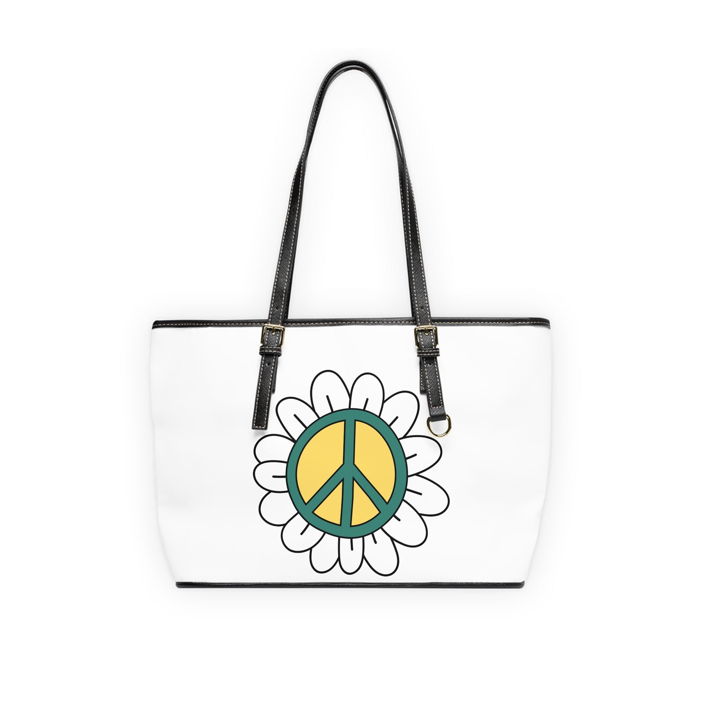 Peace Sign in White Flower Leather Shoulder Bag