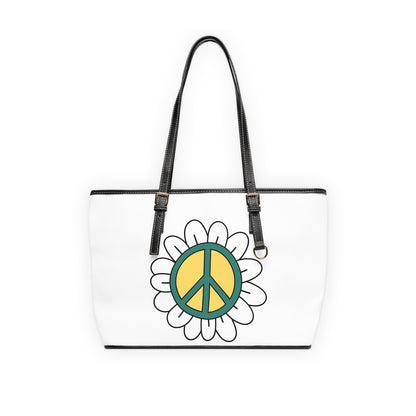 Peace Sign in White Flower Leather Shoulder Bag