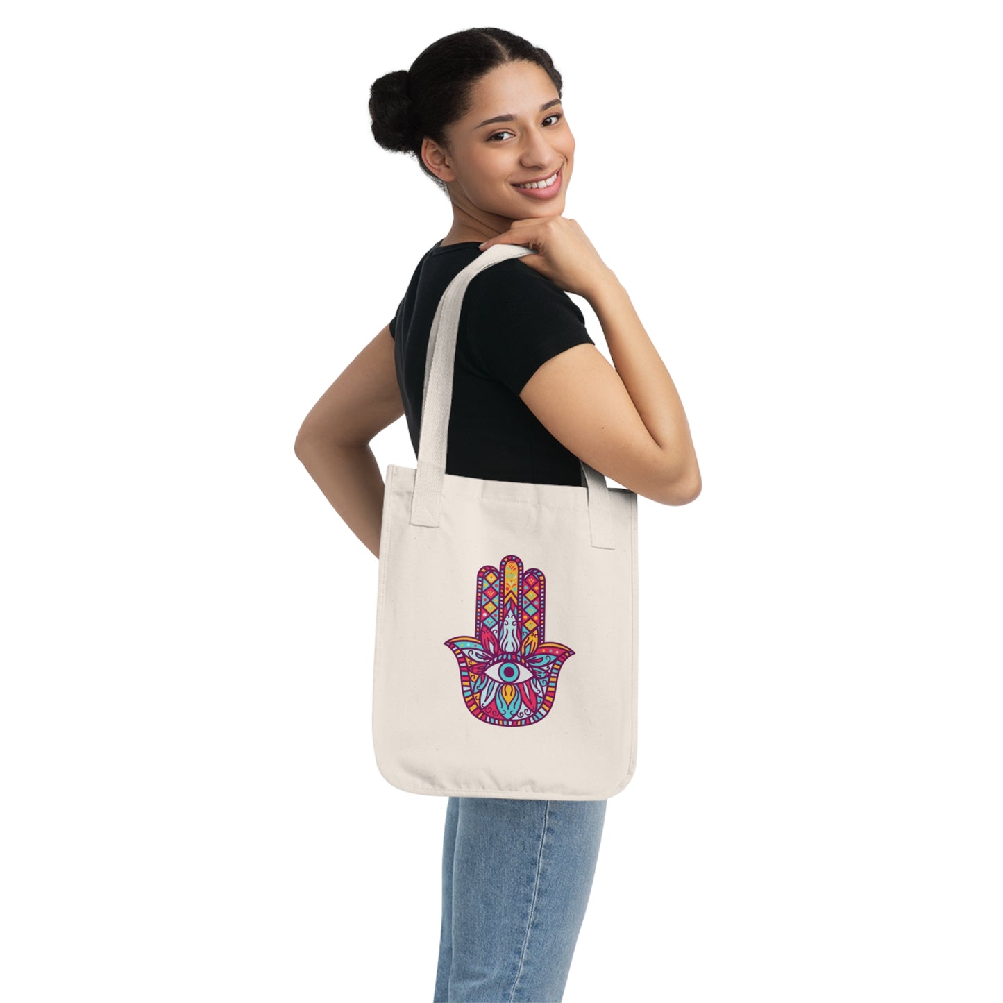 Colorful Fatima Hamsa Hand Organic Canvas Tote Bag