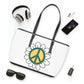 Peace Sign in White Flower Leather Shoulder Bag