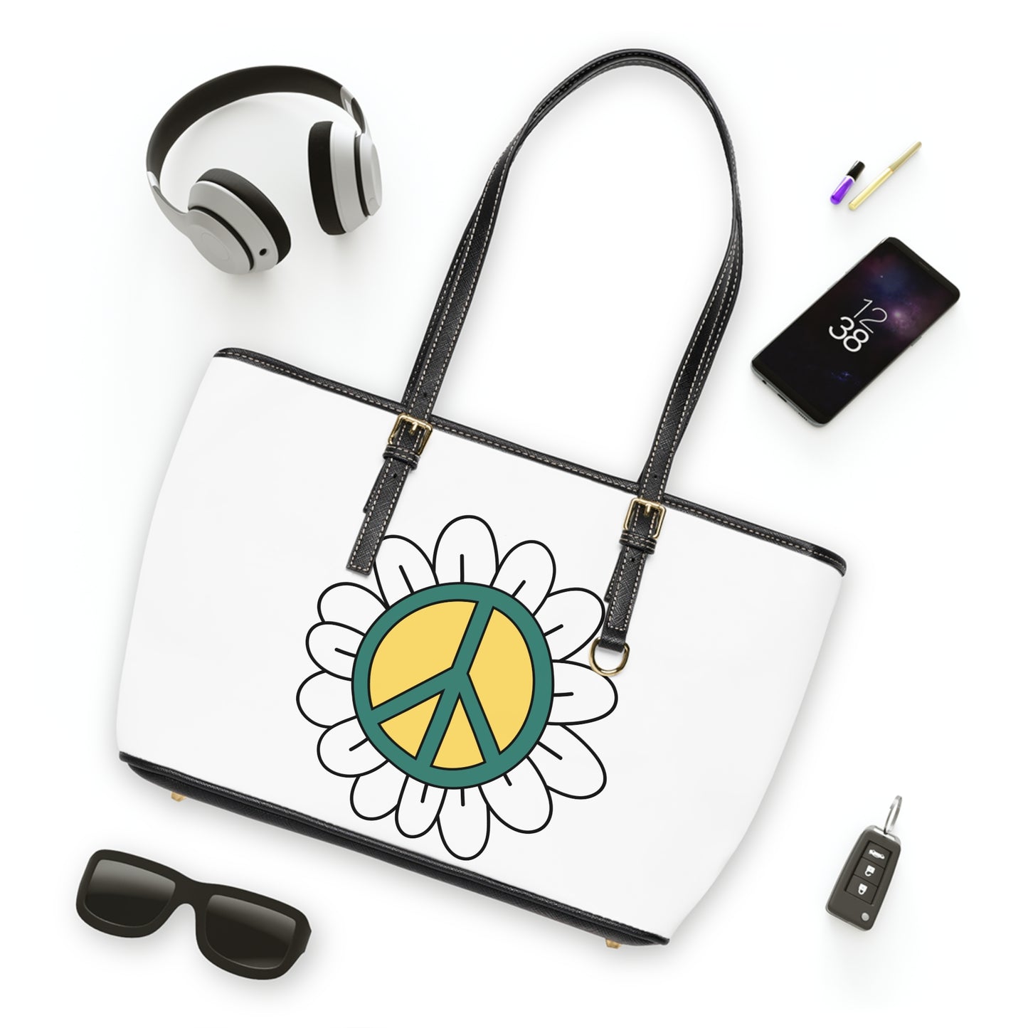 Peace Sign in White Flower Leather Shoulder Bag