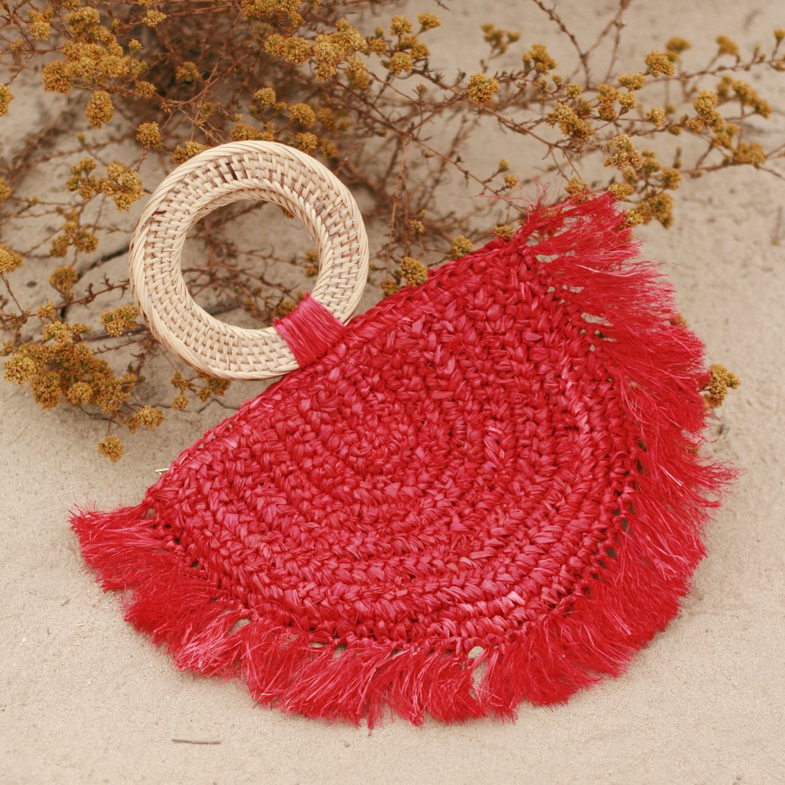 Warrior Raffia Boho Straw Bag in Red