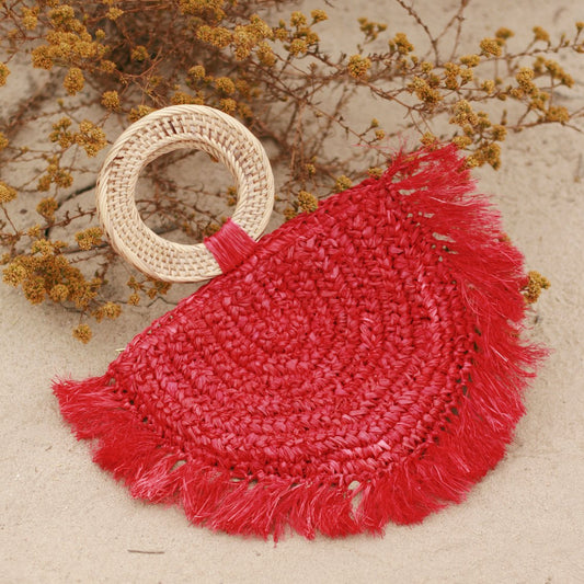 Warrior Raffia Boho Straw Bag in Red