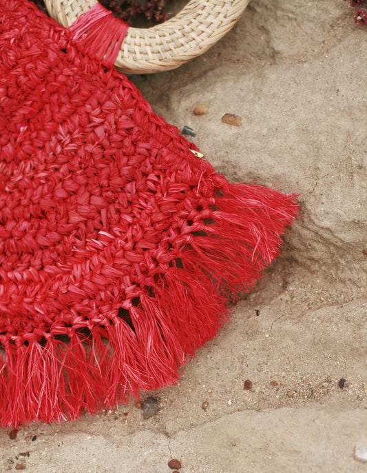 Warrior Raffia Boho Straw Bag in Red